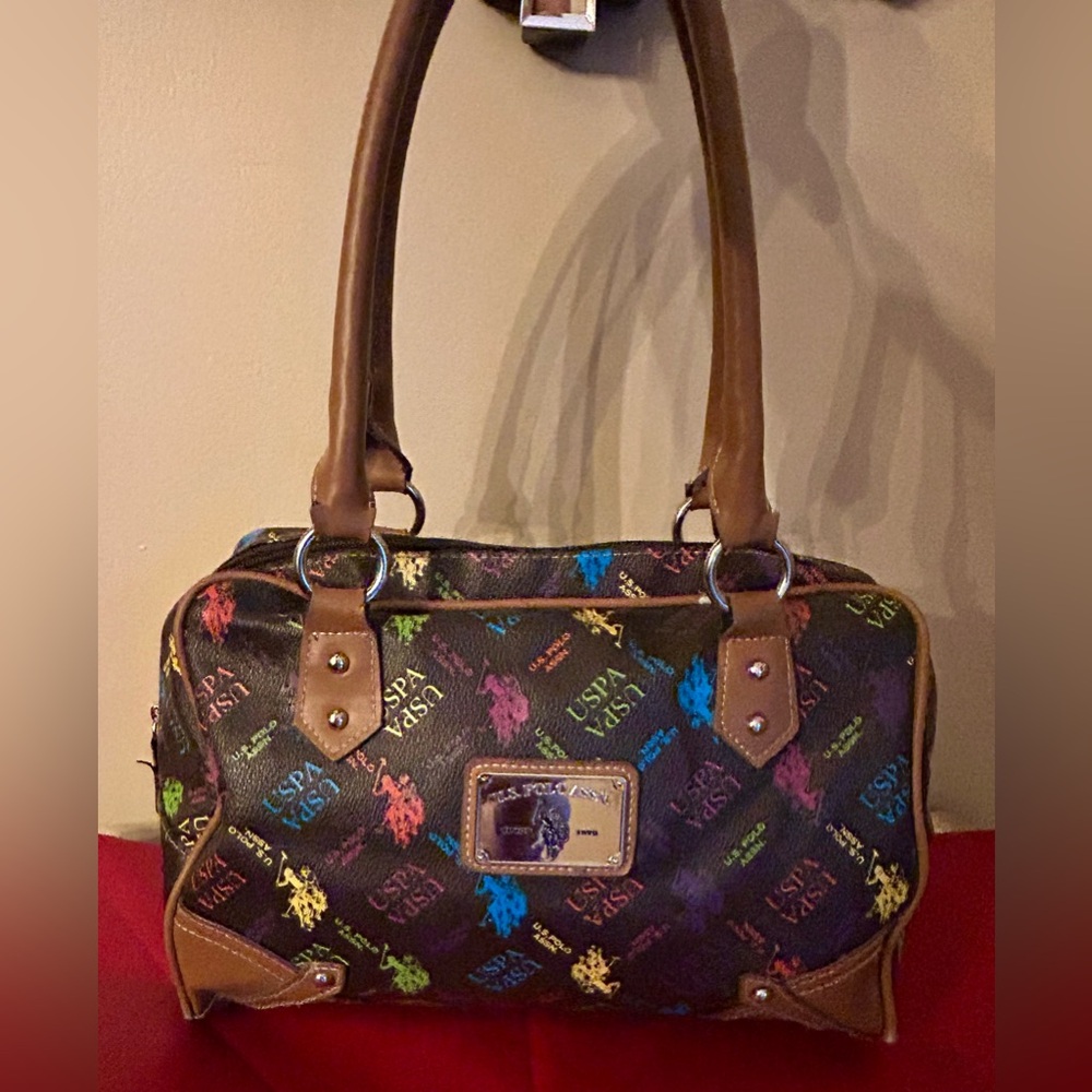U.S. Polo Assn. Brown Satchel with Multicolor Design